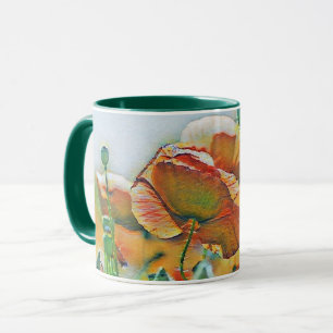 Vintage Watercolor of Orange Green Poppy Flowers Mug