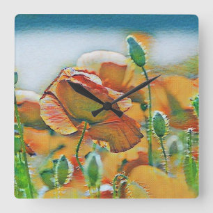 Vintage Watercolor of Orange Green Poppy Flowers Square Wall Clock