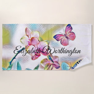 Vintage Watercolor of Pink Red Orchid Flowers Beach Towel