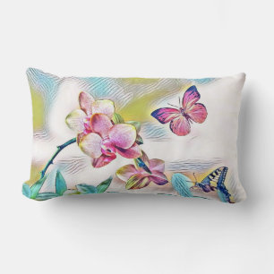Vintage Watercolor of Pink Red Orchid Flowers Lumbar Cushion