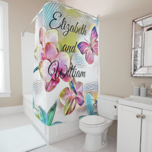 Vintage Watercolor of Pink Red Orchid Flowers Shower Curtain