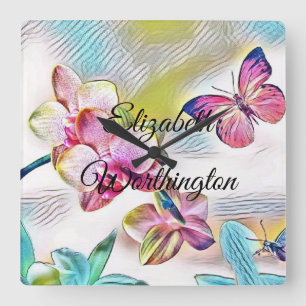 Vintage Watercolor of Pink Red Orchid Flowers Square Wall Clock