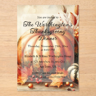Vintage watercolor of pumpkins and fall leaves acrylic invitations