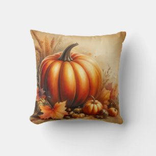 Vintage watercolor of pumpkins and fall leaves cushion