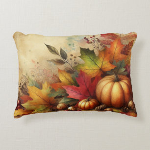 Vintage watercolor of pumpkins and fall leaves decorative cushion