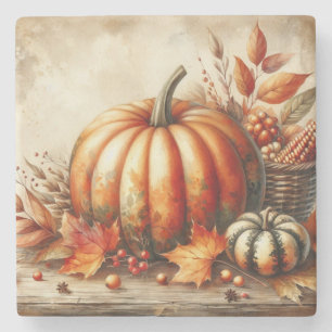 Vintage watercolor of pumpkins and fall leaves stone coaster