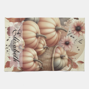 Vintage watercolor of pumpkins and fall leaves tea towel