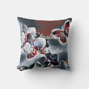 Vintage Watercolor of White Red Grey Orchid Flower Cushion