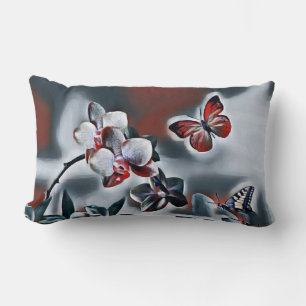 Vintage Watercolor of White Red Grey Orchid Flower Lumbar Cushion