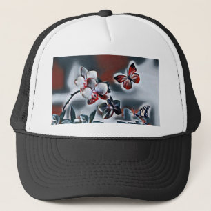 Vintage Watercolor of White Red Grey Orchid Flower Trucker Hat