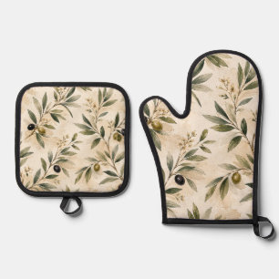Vintage Watercolor Olive Branch Oven Mitt & Pot Holder Set