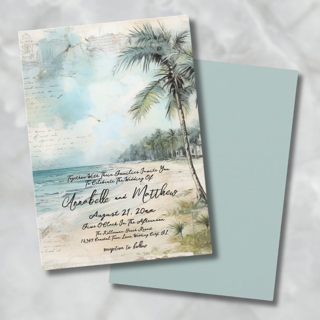 Vintage Watercolor On The Beach Wedding Invitation (Vintage Rustic Elegant Tropical Beach Wedding Invitation)