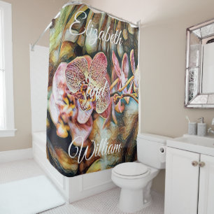 Vintage Watercolor Painting of Pink Orchid Flowers Shower Curtain