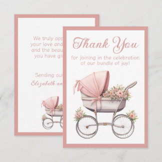 Vintage Watercolor Pink Baby Carriage Baby Shower Thank You Card