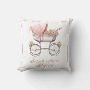 Vintage Watercolor Pink Baby Carriage Personalised Cushion