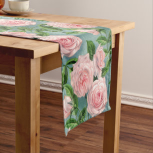Vintage Watercolor Pink Green Teal Roses Pattern Short Table Runner