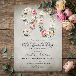 Vintage Watercolor Pink Peonies 90th Birthday Invitation