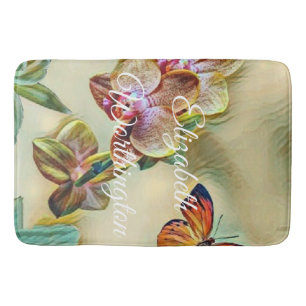 Vintage Watercolor Pink Yellow Orchid Flowers Bath Mat