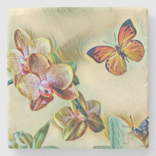 Vintage Watercolor Pink Yellow Orchid Flowers Stone Coaster
