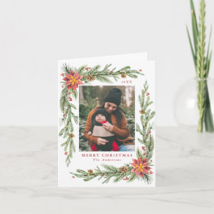 Vintage Watercolor Poinsettia Frame Photo Holiday Card