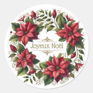Vintage Watercolor Poinsettias French Joyeux Noël  Classic Round Sticker