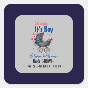 Vintage watercolor pram it's boy baby shower2 square sticker