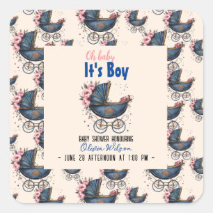 Vintage watercolor pram it's boy baby shower4 square sticker
