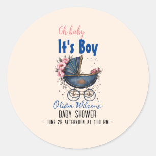 Vintage watercolor pram it's boy baby shower classic round sticker