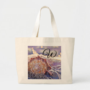 Vintage Watercolor Purple Pink Seashell Large Tote Bag