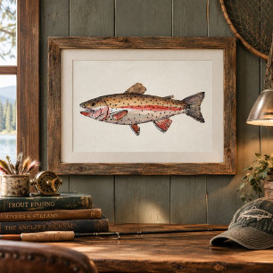 Vintage Watercolor Rainbow Trout Painting wall art