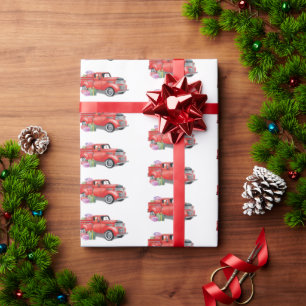 Vintage Watercolor Red Christmas Holiday Truck Wrapping Paper