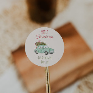 Vintage Watercolor Red Green Car Tree Christmas  Classic Round Sticker