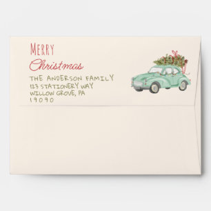 Vintage Watercolor Red Green Christmas Car Tree  Envelope