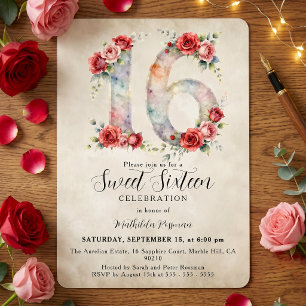 Vintage Watercolor Red Pink Roses Sweet 16 Invitation