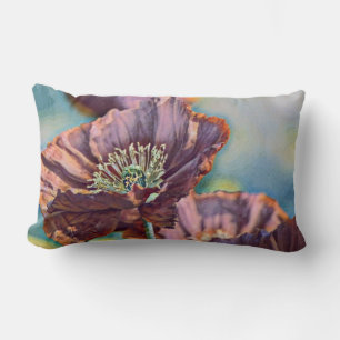 Vintage Watercolor Red Purple Poppy Flowers Lumbar Cushion