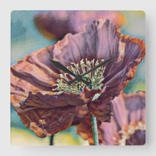 Vintage Watercolor Red Purple Poppy Flowers  Square Wall Clock