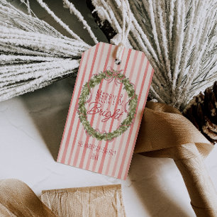 Vintage Watercolor Red Stripes Christmas Wreath Gift Tags