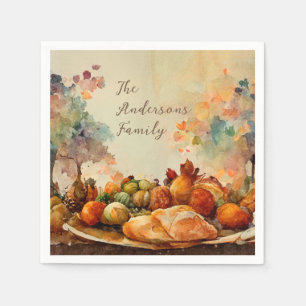Vintage Watercolor Rustic Floral Turkey Pumpkins Napkin