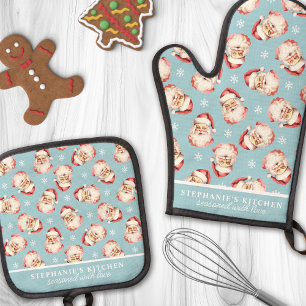 Vintage Watercolor Santa Blue Christmas Custom Oven Mitt & Pot Holder Set