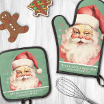 Vintage Watercolor Santa Face Christmas Custom Oven Mitt & Pot Holder Set<br><div class="desc">Embrace the holiday spirit with this delightful oven mitt and pot holder set featuring a vintage watercolor Santa face on a festive green background. Perfect for bringing a touch of nostalgia to your kitchen, this set is both decorative and functional. Customise it with your name or a special message to...</div>