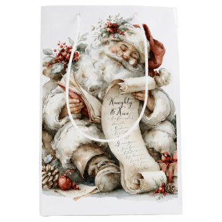Vintage Watercolor Santa Naughty & Nice List Medium Gift Bag