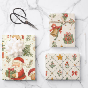 Vintage Watercolor Santa & Teddy Bear Christmas  Wrapping Paper Sheet