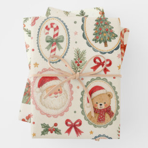 Vintage Watercolor Santa & Teddy Bear Christmas  Wrapping Paper Sheet