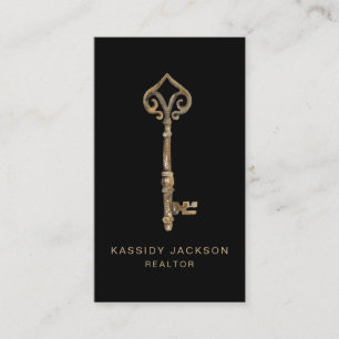 Vintage Watercolor Skeleton Key Real Estate Black Business Card