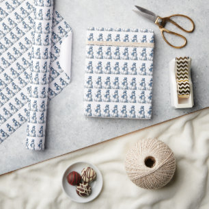 Vintage Watercolor Snowman in Delft Blue Christmas Wrapping Paper