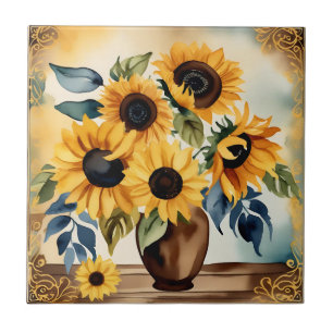 Vintage Watercolor Sunflower Ceramic Tile