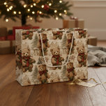 Vintage Watercolor Teddy Bear & Christmas Village  Large Gift Bag<br><div class="desc">A cosy vintage-style watercolor pattern of teddy bears in scarves,  pine trees,  and a storybook Christmas village on a warm neutral background—perfect for rustic,  woodland-themed holiday gifting.</div>