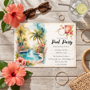 Vintage Watercolor Tropical Adult Pool Party Invitation