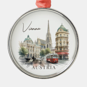 Vintage Watercolor Vienna Austria Metal Ornament