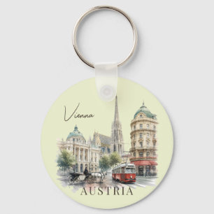 Vintage Watercolor Vienna Austria Tram & Cathedral Key Ring